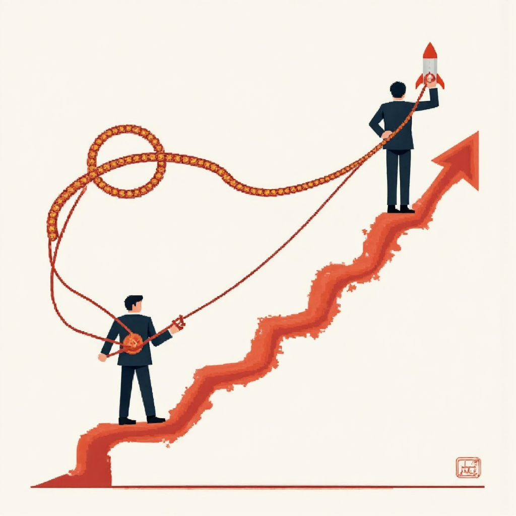 A visual metaphor of a tight knot being pulled tighter representing short selling pressure being released as a stock price rockets skyward in a clean graphic illustration with a focus on financial concepts