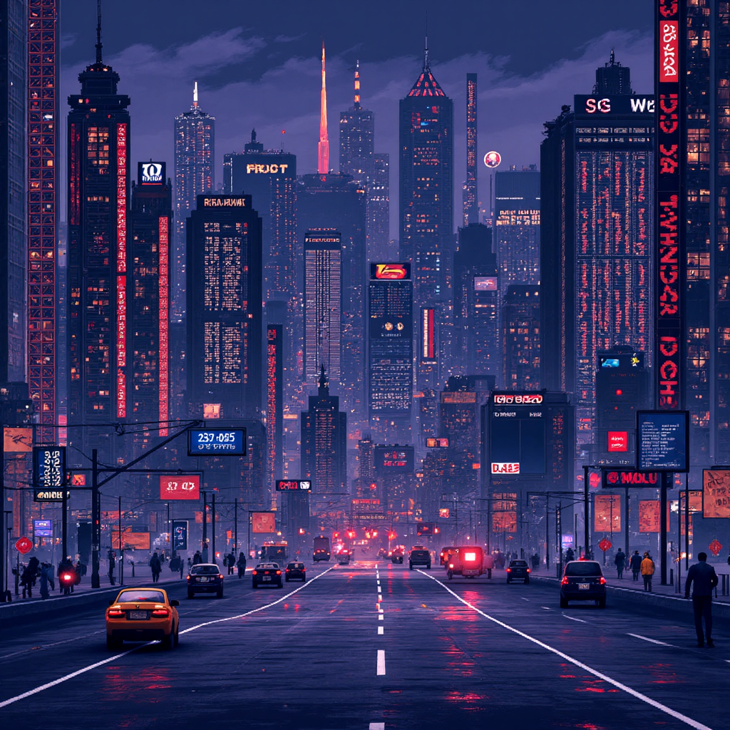 Stylized digital art of a financial market being automated by AI bots with blockchain elements in a dynamic and modern aesthetic