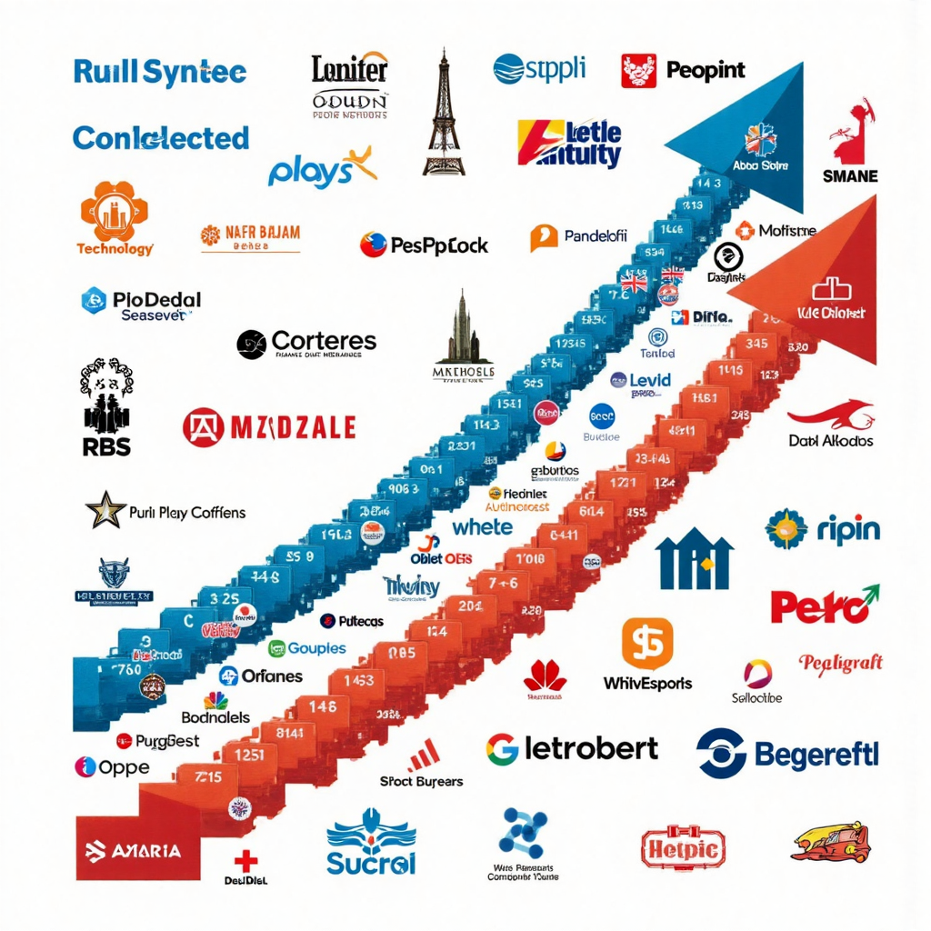 visual representation of diverse leading companies from various sectors like technology finance and healthcare forming a mosaic with subtle growth arrows