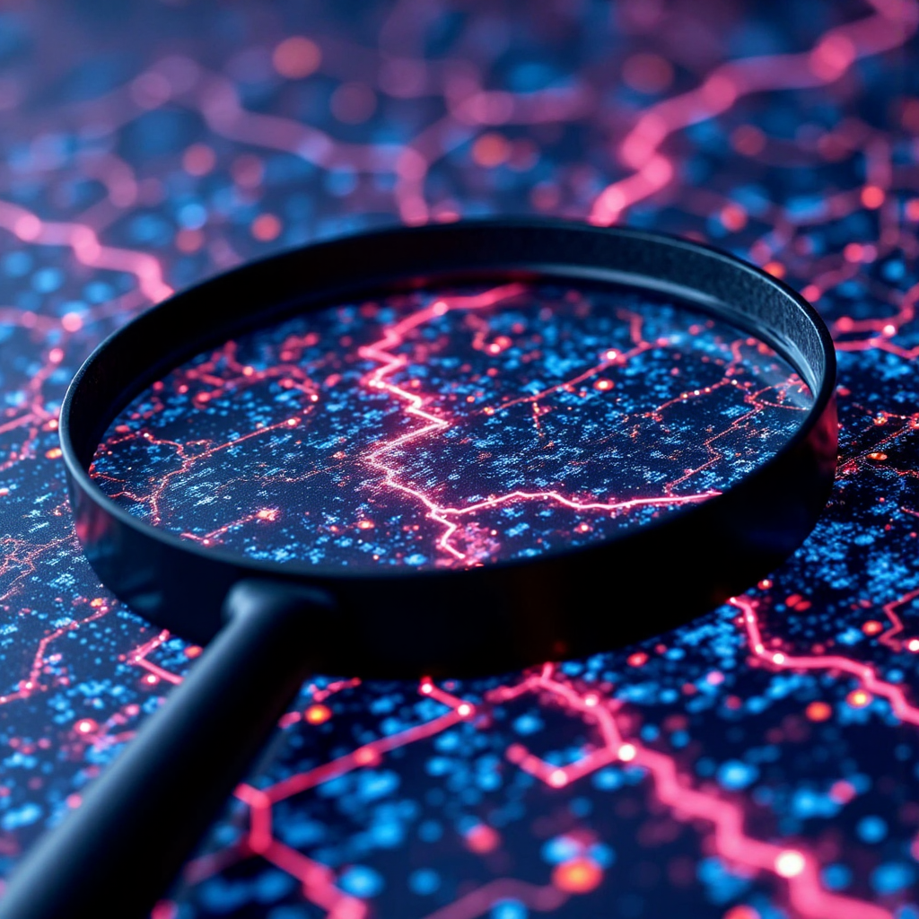 A close-up illustration of a magnifying glass examining a vibrant user interface revealing intricate details of user satisfaction represented by glowing nodes and pathways