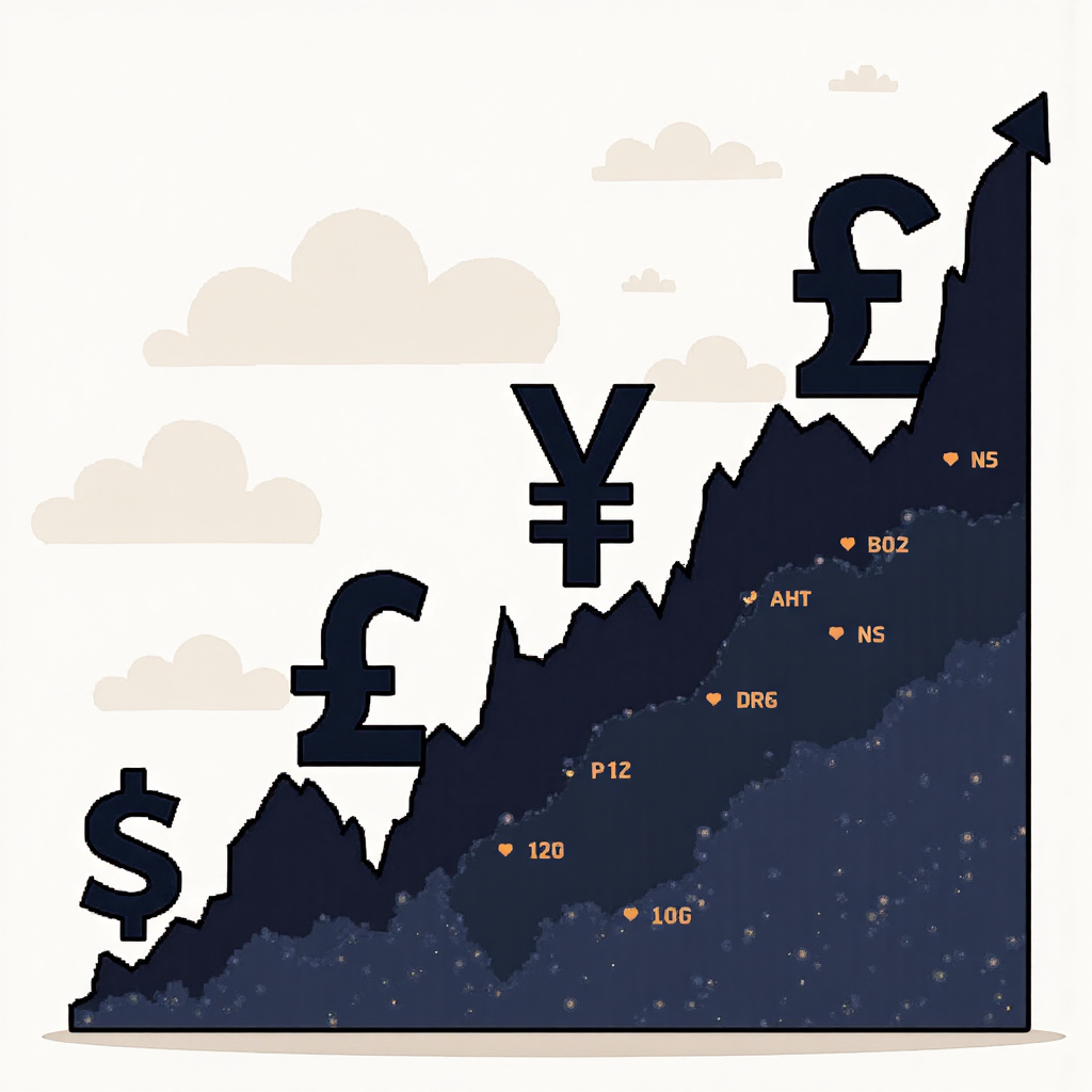 an artistic rendering of a financial graph showing an upward trend with stylized currency symbols like Yen and AUD forming the peaks and troughs set against a backdrop of subtle market data visuals in a sophisticated yet accessible style