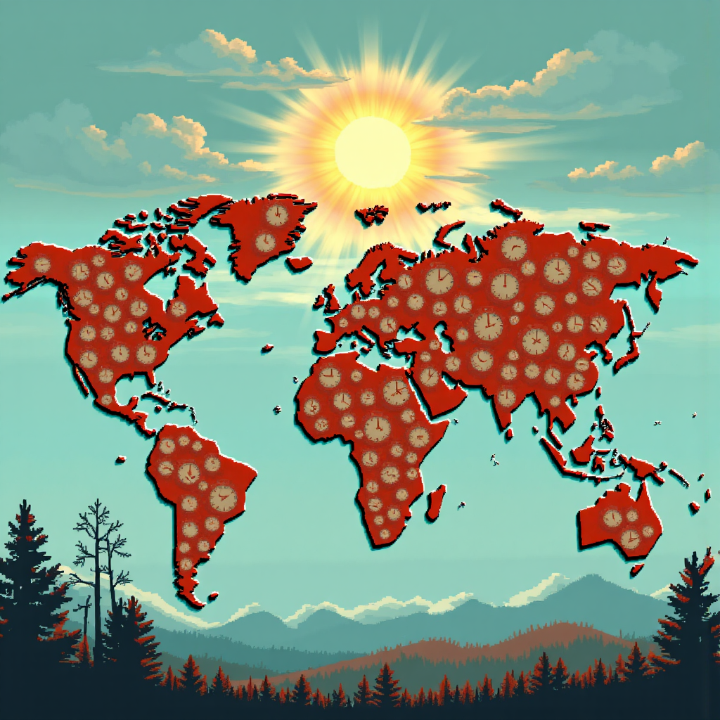 illustrative depiction of clocks on a world map with arrows indicating time shifts around a sun glowing brightly in the sky in a whimsical art style