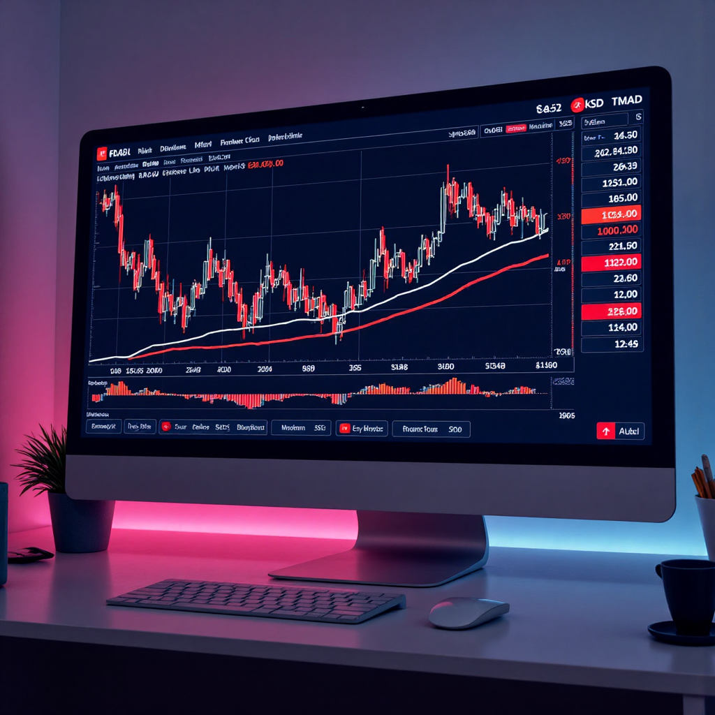 Vibrant illustration of a financial chart with glowing kd indicator lines crisscrossing the screen with subtle market data widgets in the background a sense of financial analysis and insight