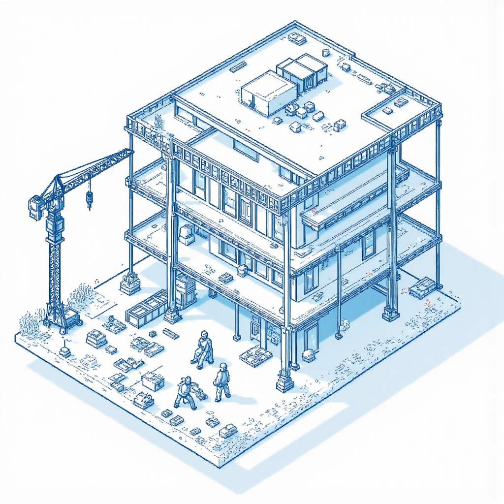 建築工地藍圖疊加，清晰水平測量線以人類身影為錨點的插圖，強調基準線在工程設計中的應用