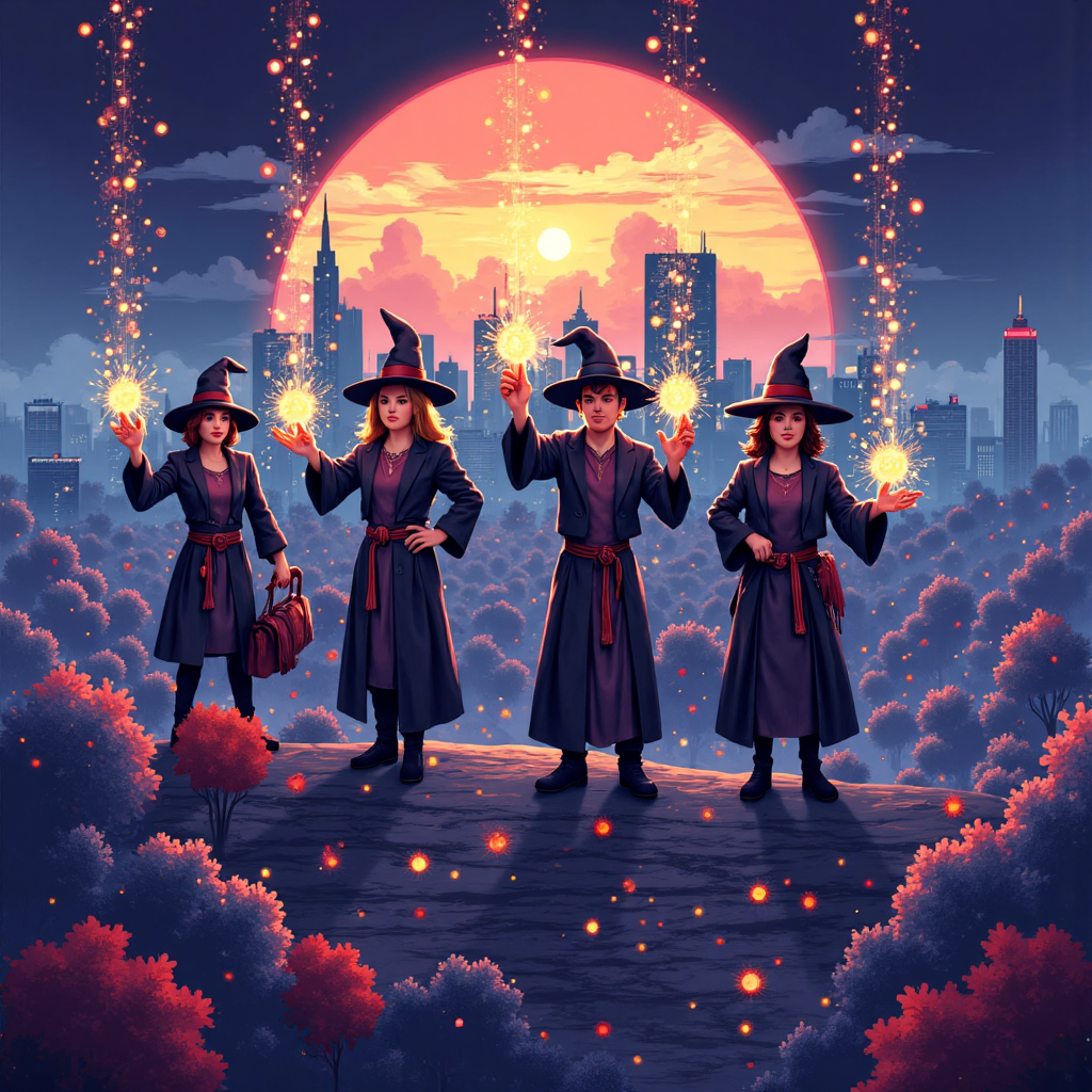 vibrant illustration of four distinct financial wizards casting spells on a stylized stock market graph with glowing magical elements and a subtle hint of a rising sun representing the US market