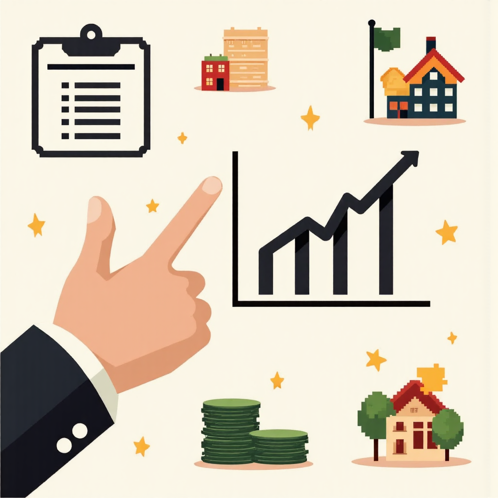手指向上升利率圖表，影響房價與市場趨勢的扁平風格插圖，展示公債殖利率的影響因素