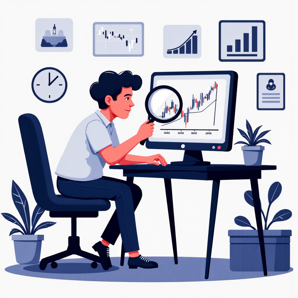 交易者用放大鏡仔細計數股票圖表上波浪的插圖,周圍環繞微妙的斐波那契序列,營造友善的市場氛圍