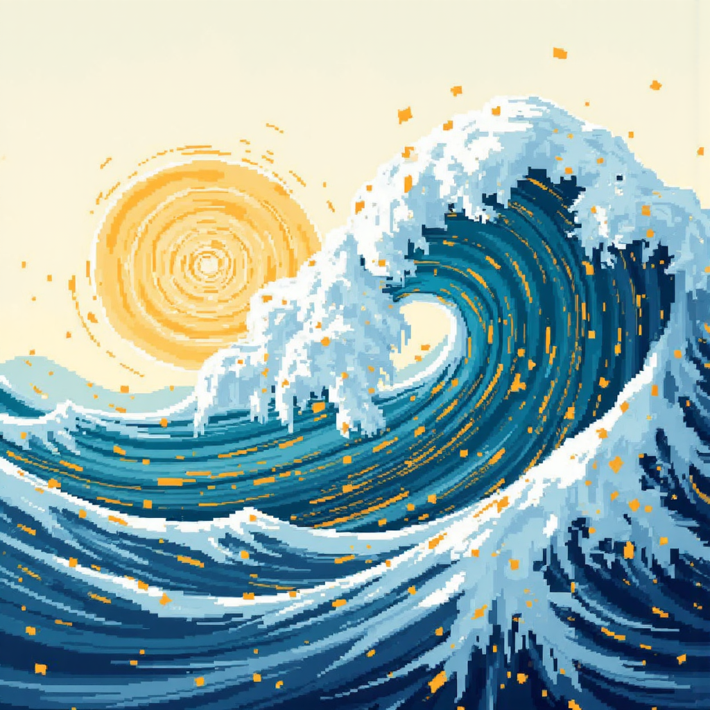 abstract illustration of financial market waves with subtle fibonacci golden ratio overlays in pastel blue and gold tones