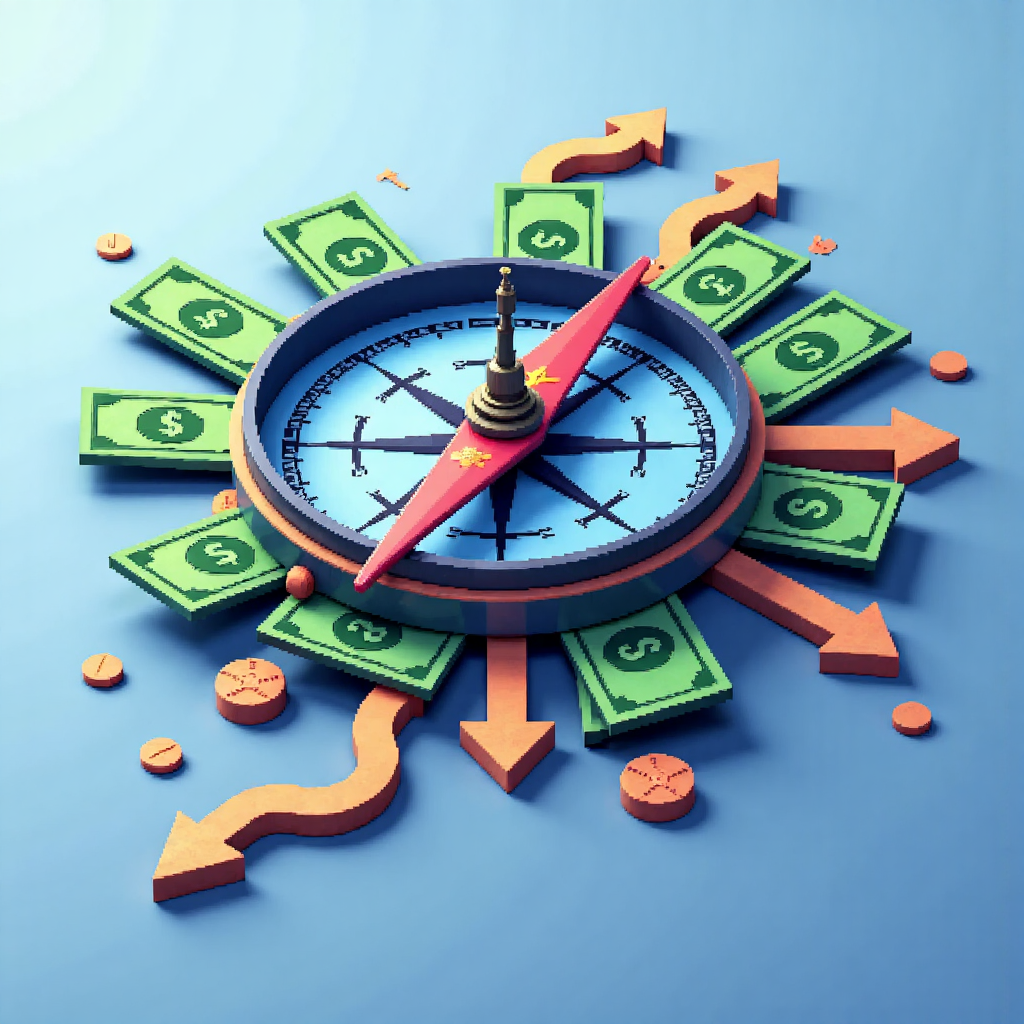 股市指南羅盤與資金流動箭頭圖示，象徵 MFI 指標導向投資方向