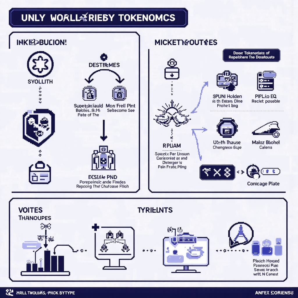 An intricately designed infographic showcasing the tokenomics of UNI tokens with elements like distributed arrows, reward icons, and voting symbols against a clean, tech-inspired backdrop