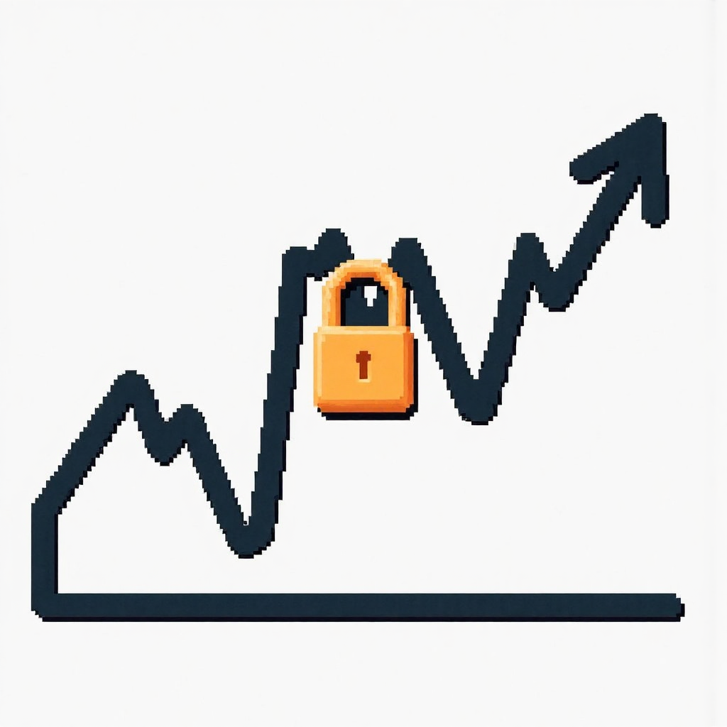 An illustration of a stock market graph with a padlock overlay symbolizing restricted information flow during a quiet period