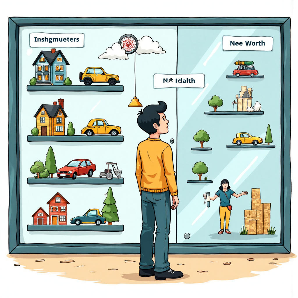 桌上筆電顯示資產負債表模板的俯視插圖，旁邊散落金幣與手寫公式