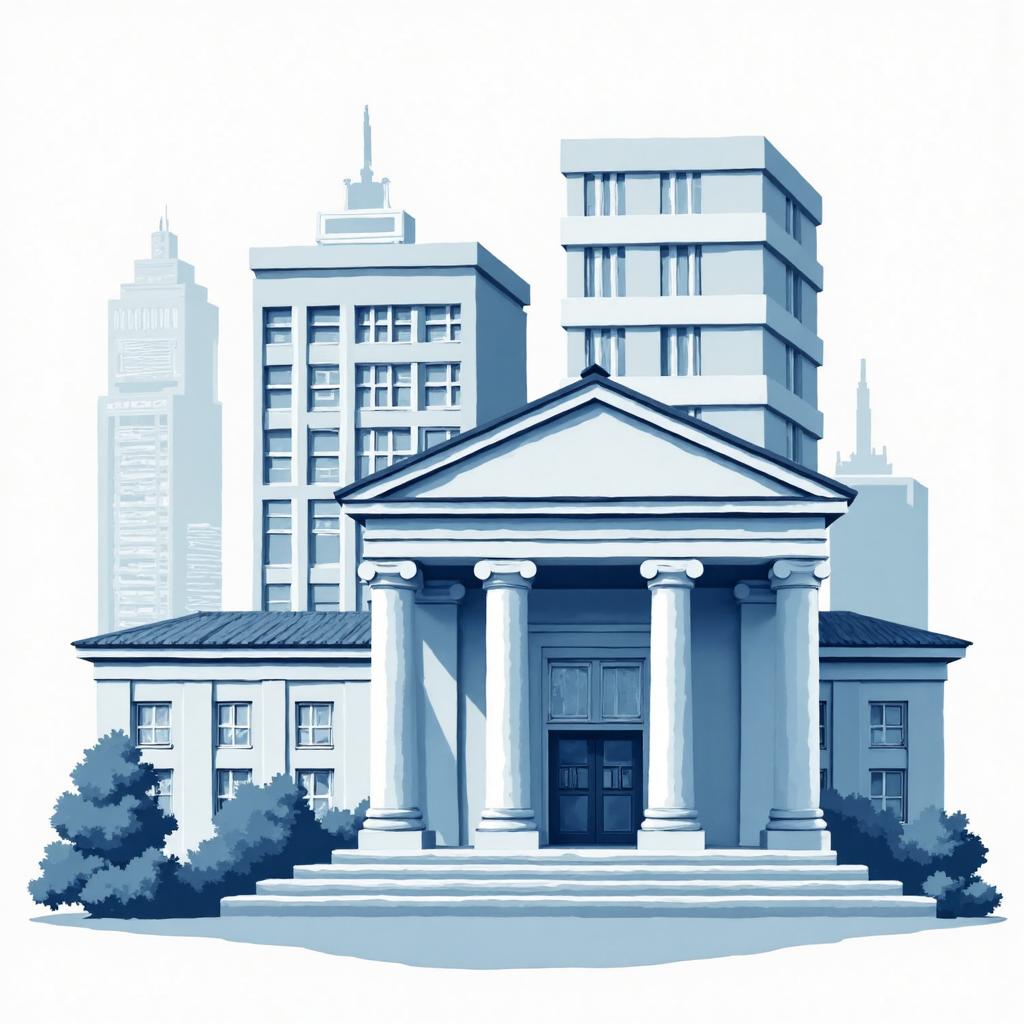 日本央行建築圖像融入經濟成長圖表與未來政策轉向箭頭的簡約藍灰色調插圖