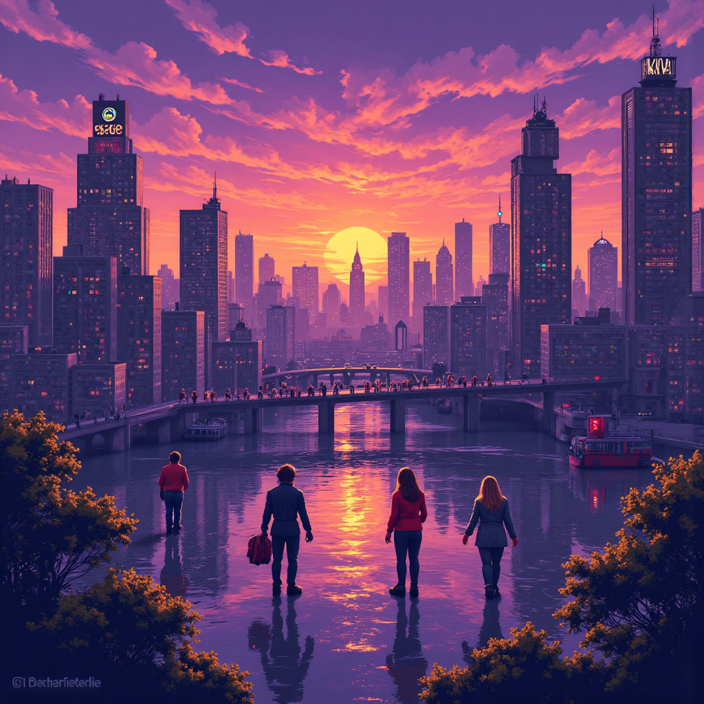 whimsical illustration of iconic game characters interacting with digital currency symbols and a futuristic cityscape under a vibrant purple and orange sky