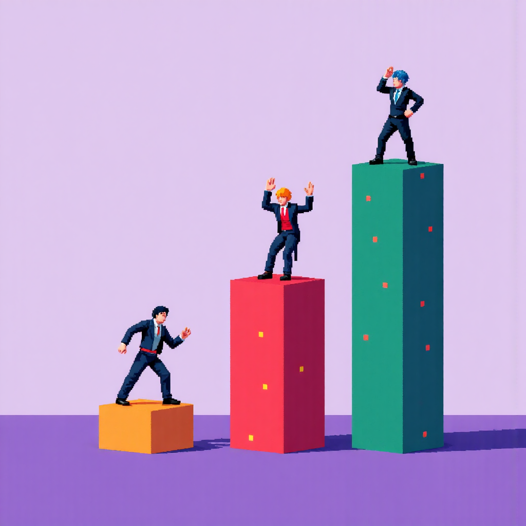 三根強勁紅K線形成向上趨勢的像素藝術插圖,伴隨成交量柱狀圖