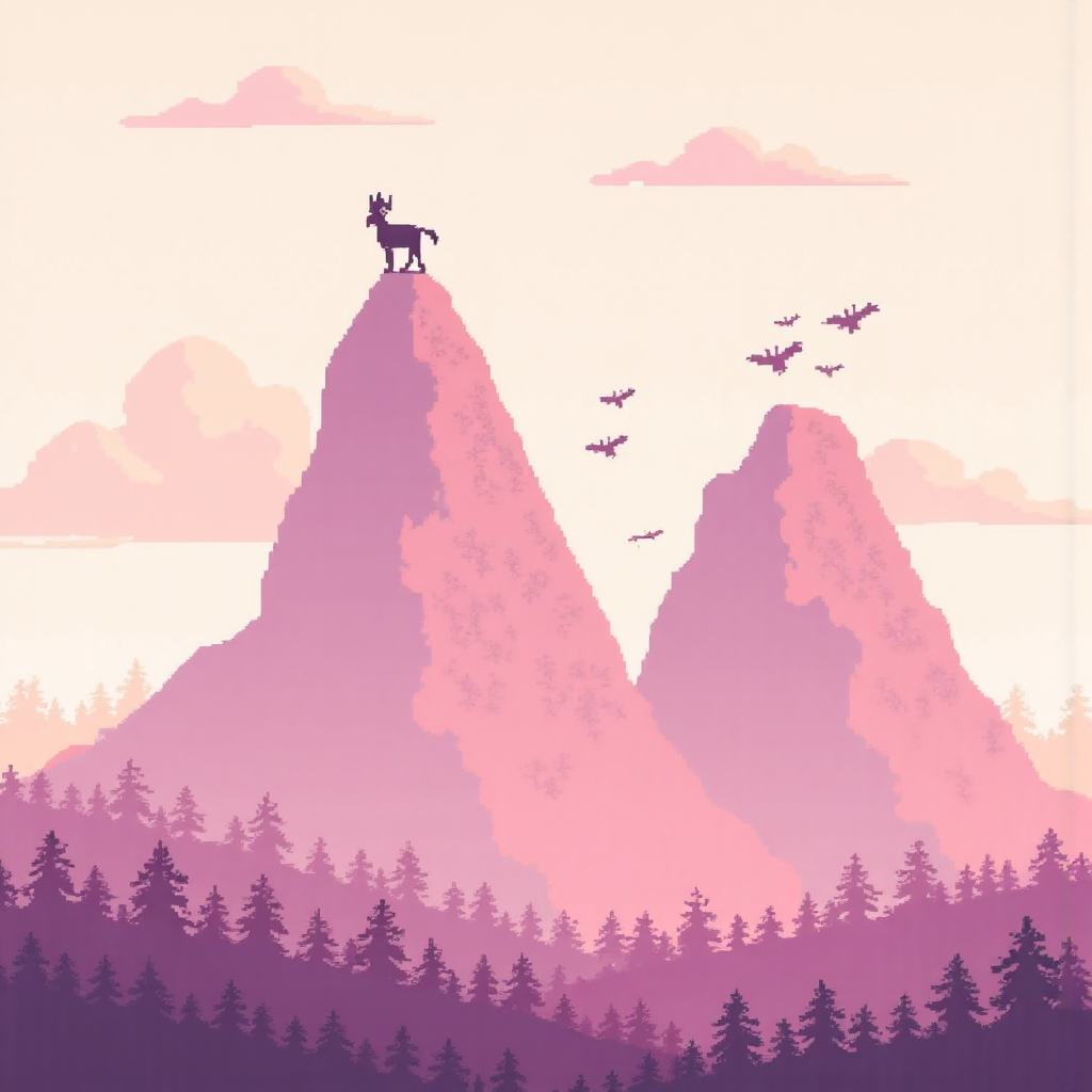 雙重頂型態的像素藝術插圖，顯示兩個熊市高峰從股票圖表景觀中浮現，伴隨柔和粉彩調的價格下跌暗示