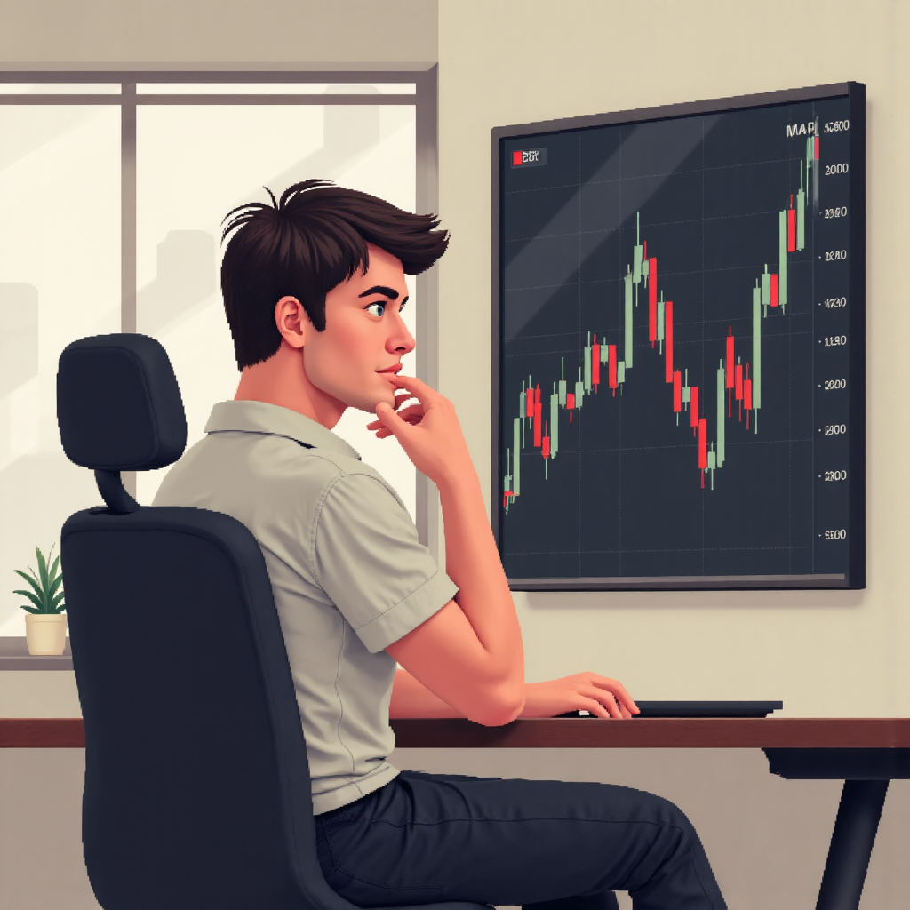 交易者觀察股票圖表的藝術插圖，顯示雙重頂形成與決策過程，採用柔和色調表達沉思