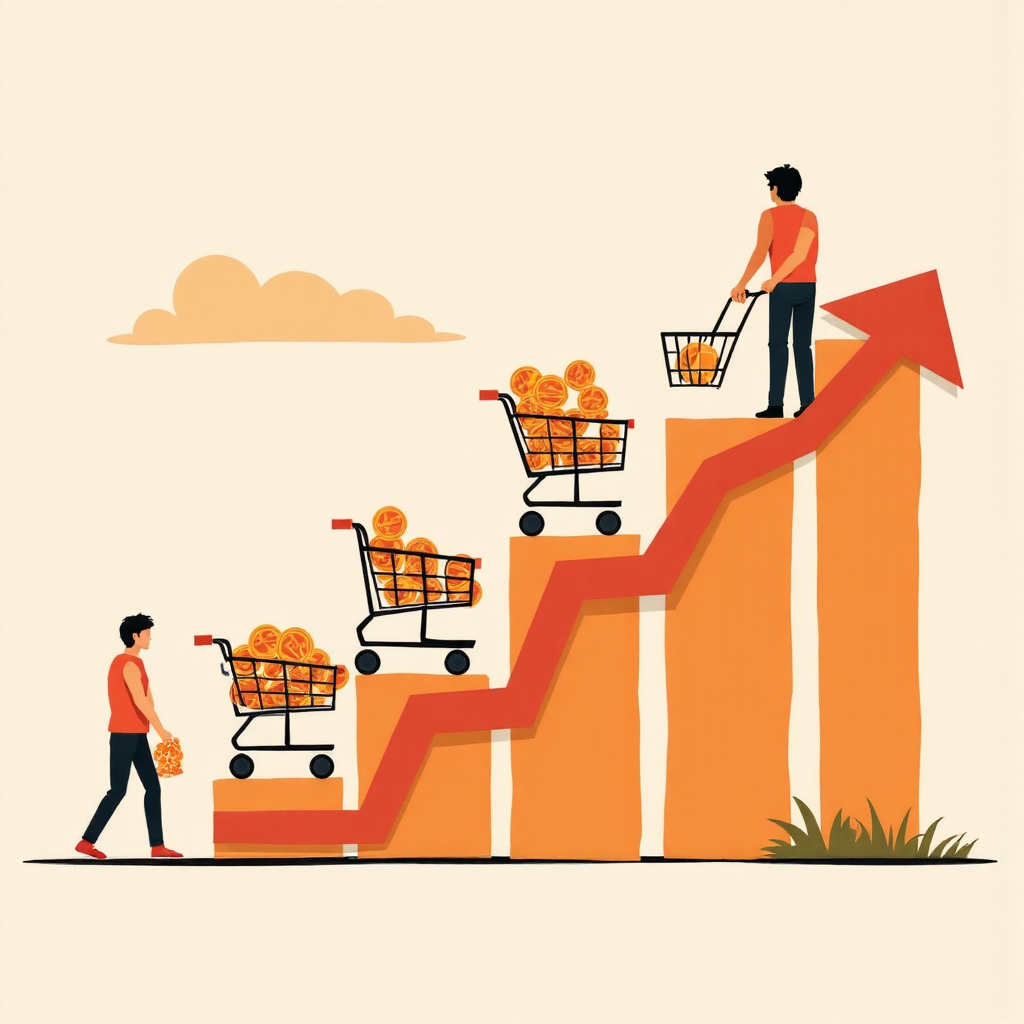 illustration of a stylized graph showing an upward trend of the cpi index with coins and shopping carts subtly integrated into the design depicting the impact of inflation on daily life and purchasing power with a warm color palette and clean lines