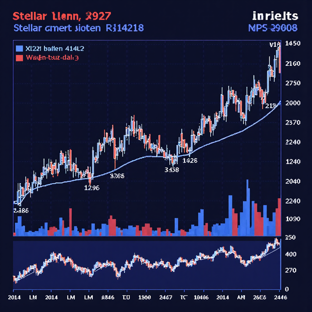 A dynamic financial chart illustrating the historical price fluctuations of XLM coin Stellar Lumens against a backdrop of global economic symbols and interconnected digital pathways emphasizing market trends