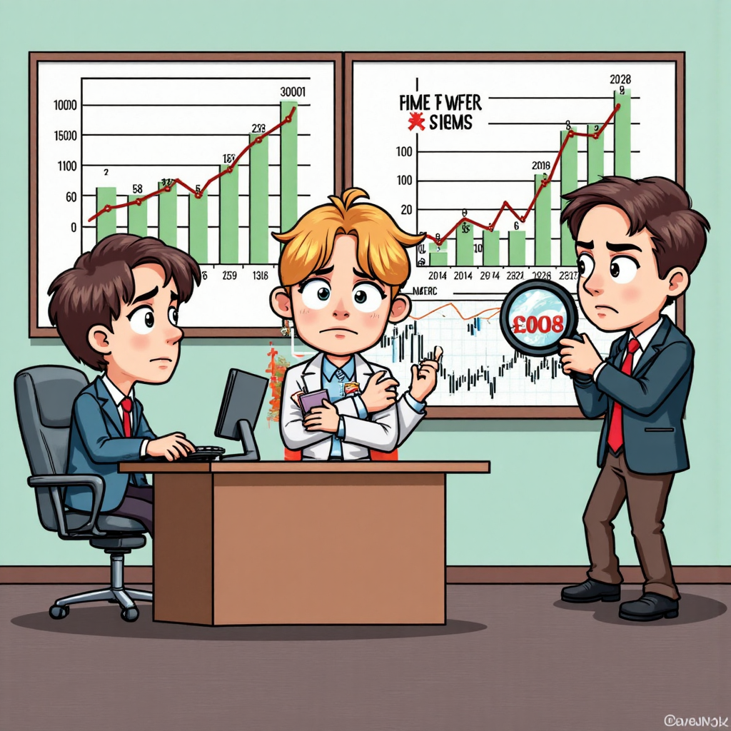 An illustration showing confused investors surrounded by rising stock charts and magnifying glasses highlighting high short interest ratios in a playful cartoon style