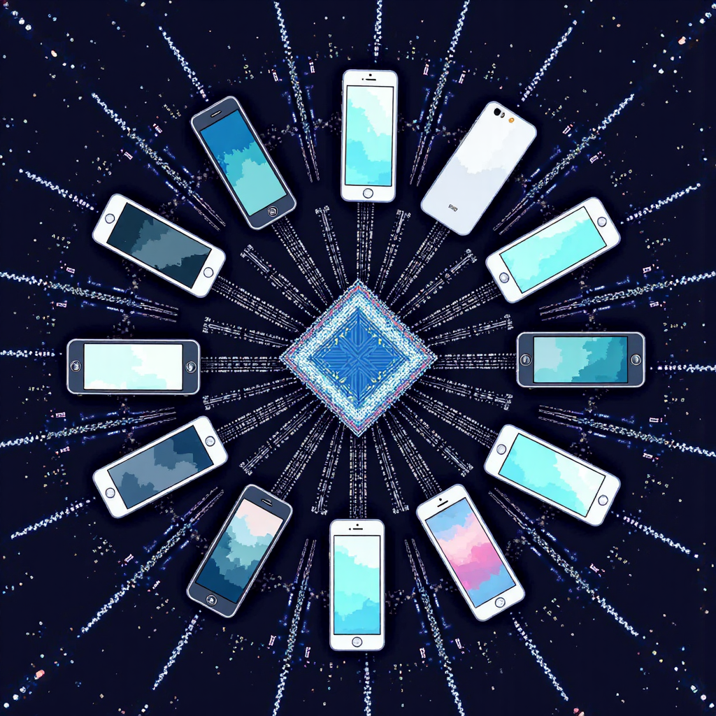 Nasdaq 100 指數相關科技產品的像素藝術圓形排列與數據流