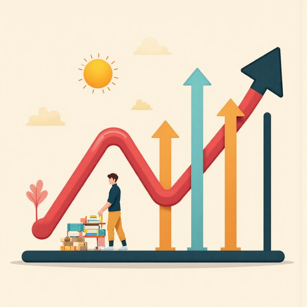 An illustration of a financial chart with a downward trend line being met by upward directional arrows representing cost averaging with a gentle sunlight atmosphere in pastel colors