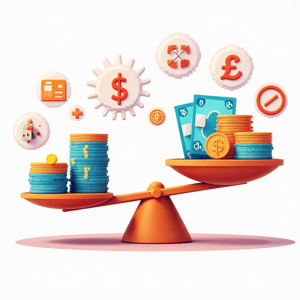 台灣貨幣平衡融資費用：錢幣秤對圖表齒輪的現代插圖
