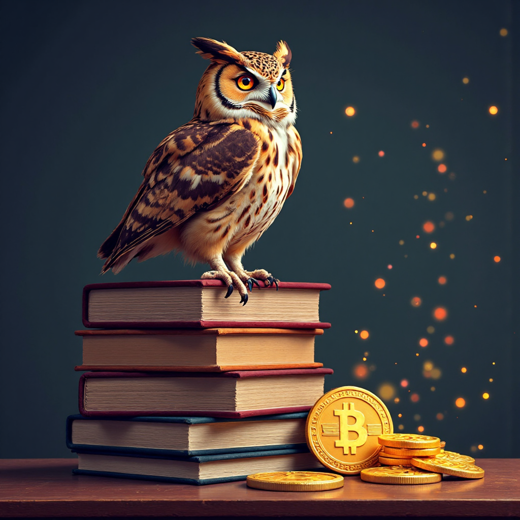 a wise owl perched on a stack of ancient books, illustrating knowledge acquisition and investment in enduring digital assets like evergreen content