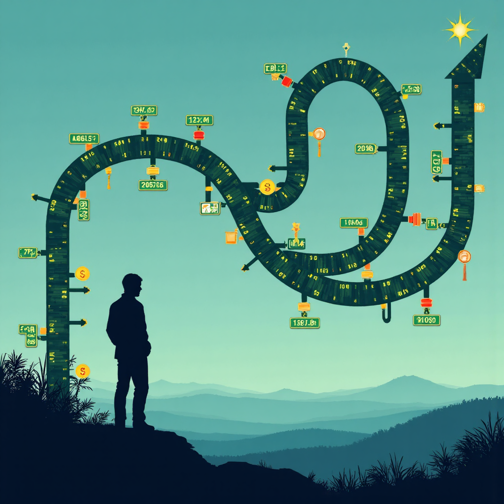 Abstract illustration representing the concept of financial news flow with stylized stock charts arrows and glowing notification icons flowing towards a watchful investor silhouette against a subtly textured background in calm blues and greens