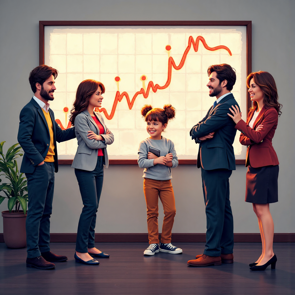 illustration of a diverse group of investors gathered around a glowing stock chart displaying upward trend lines with happy expressions bright sunny mood