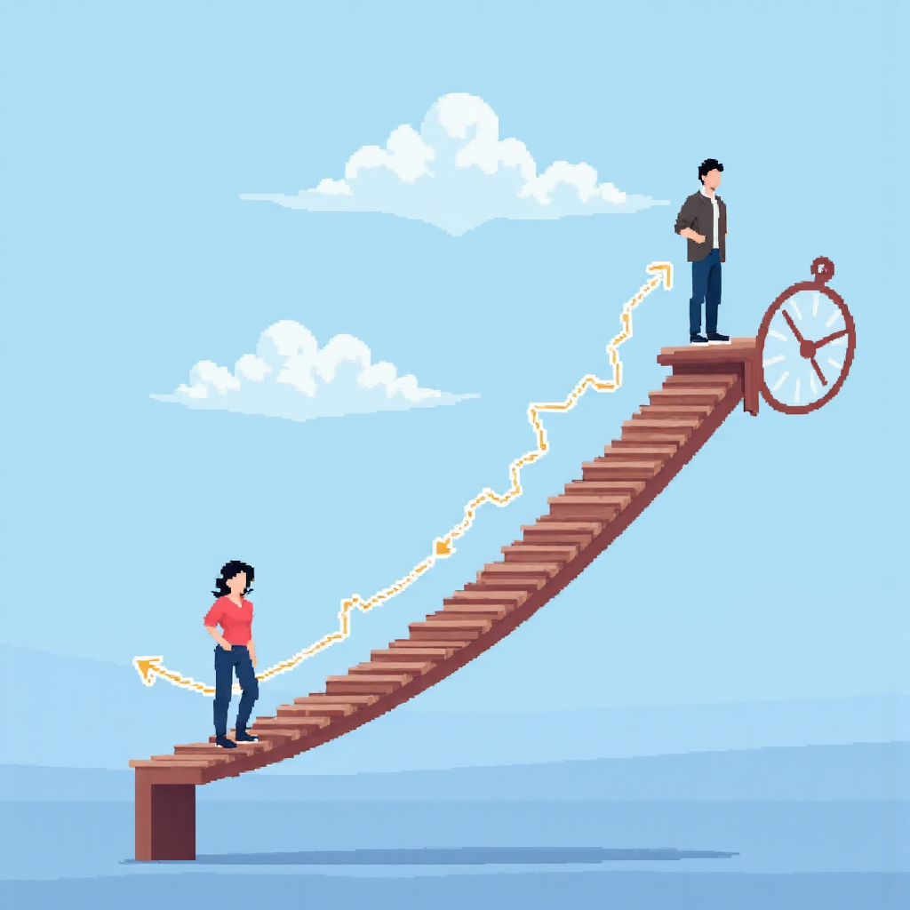 a whimsical illustration of a compass pointing towards a rising trend line with subtle energy waves emanating from it against a light blue backdrop a soft light illuminates the scene