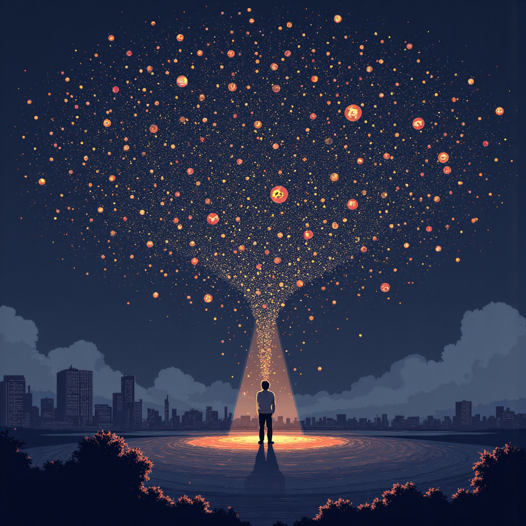 An illustration of a person thoughtfully examining a complex web of interconnected nodes and data points, with a guiding light illuminating the path forward, representing user intent analysis