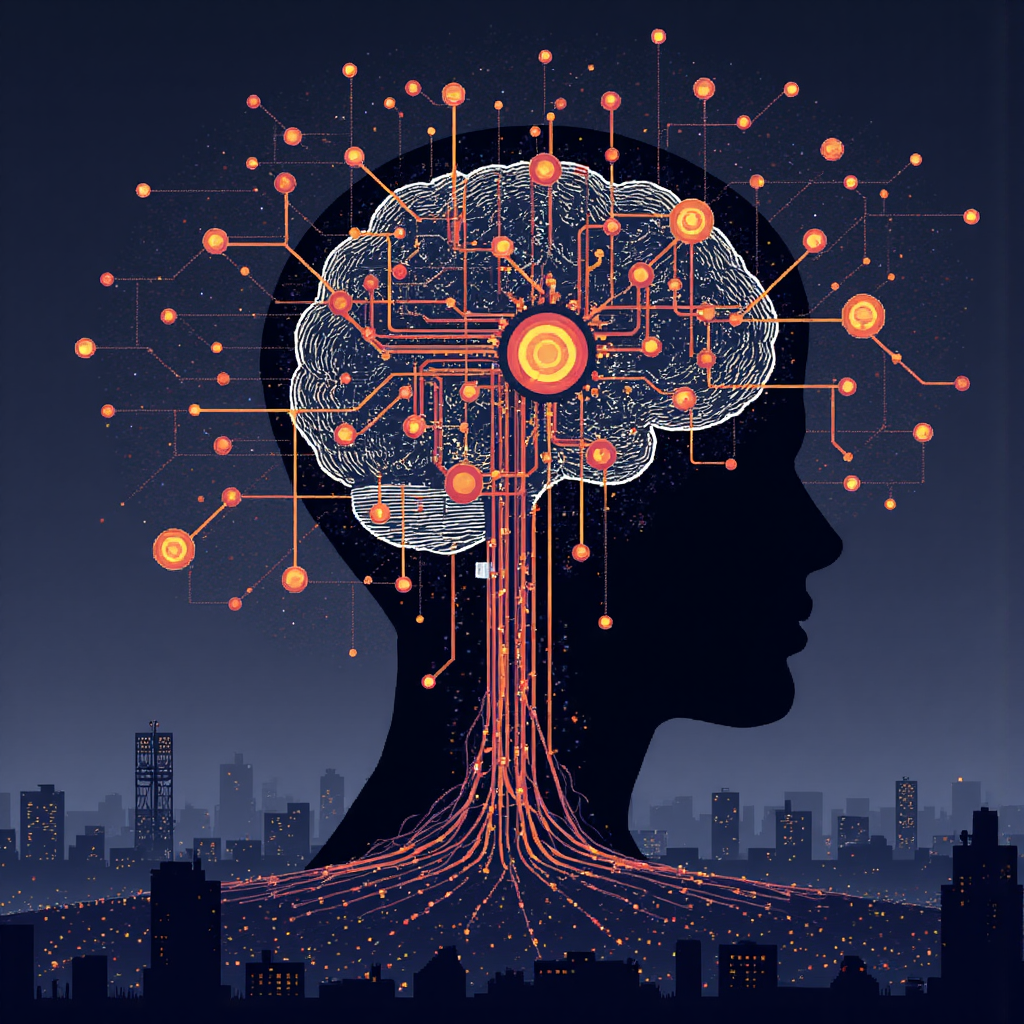 An imaginative illustration of a brain made of interconnected gears and circuits glowing with insights, surrounded by semantic connections and thought bubbles representing search intent