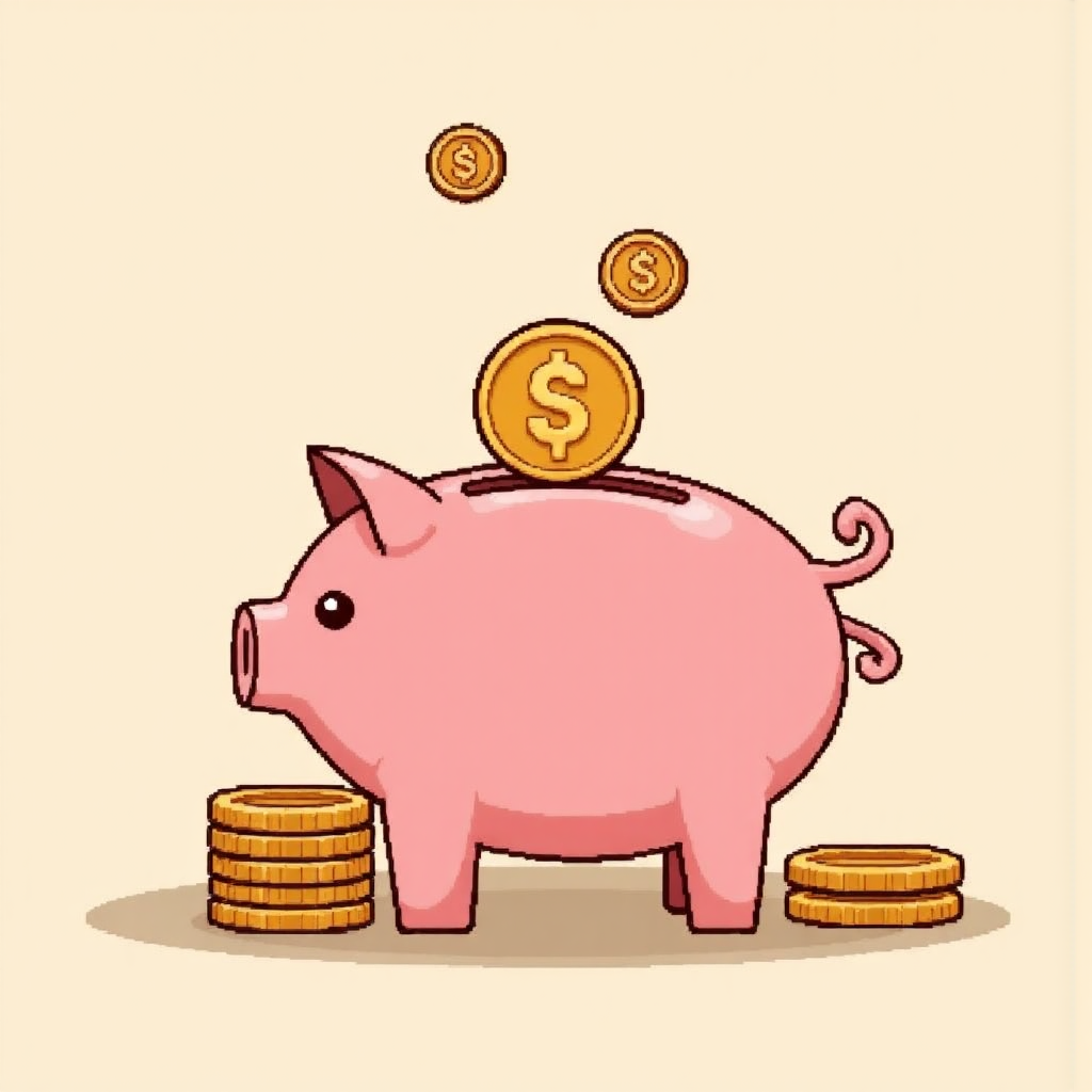 A graphic representation of a piggy bank being filled with coins that are gradually increasing in size depicting the concept of averaging down costs in a warm and optimistic illustration style