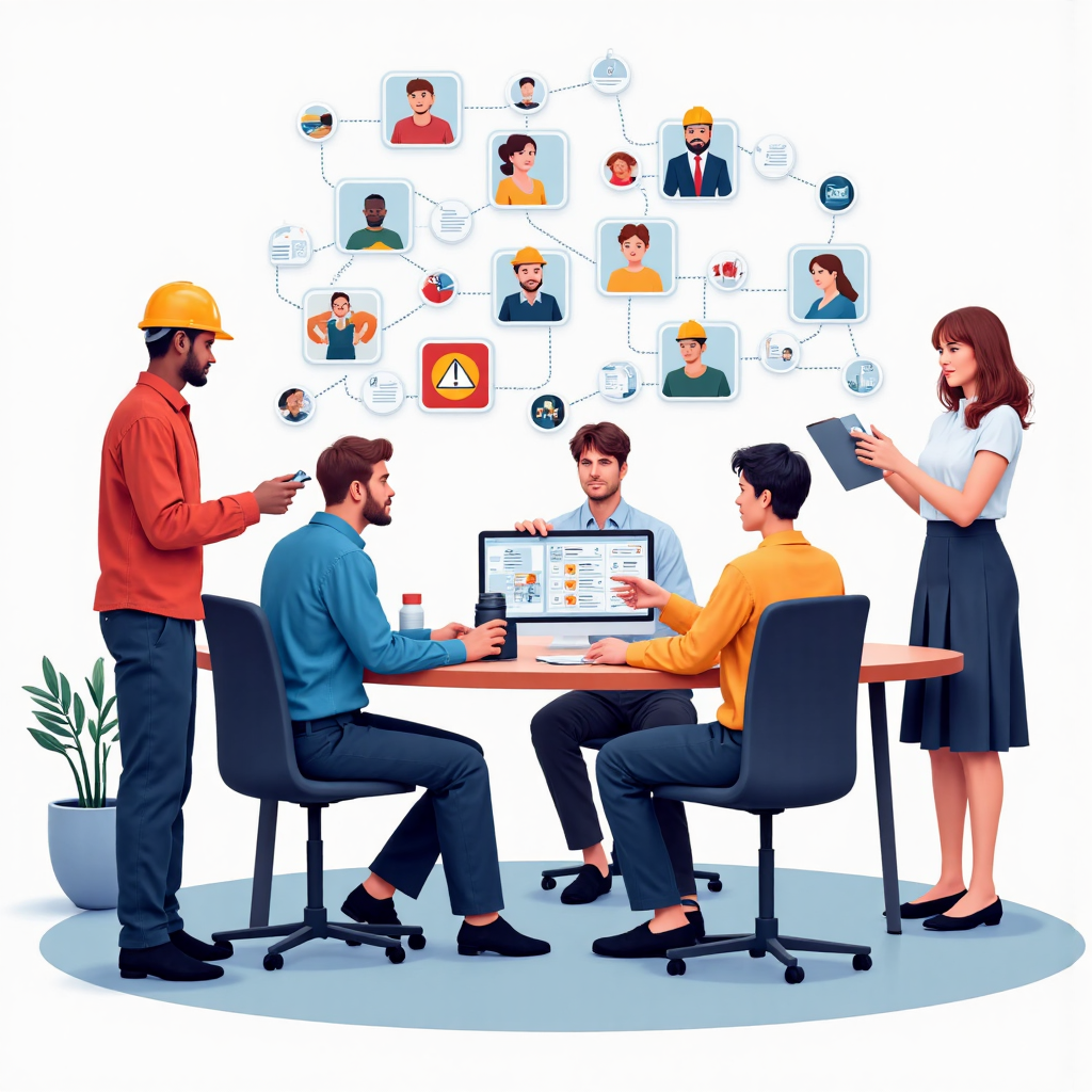 illustration of a diverse group of people in a modern office setting diligently reviewing documents and discussing safety protocols with stylized icons representing risk assessment and regulatory compliance emanating from a central point