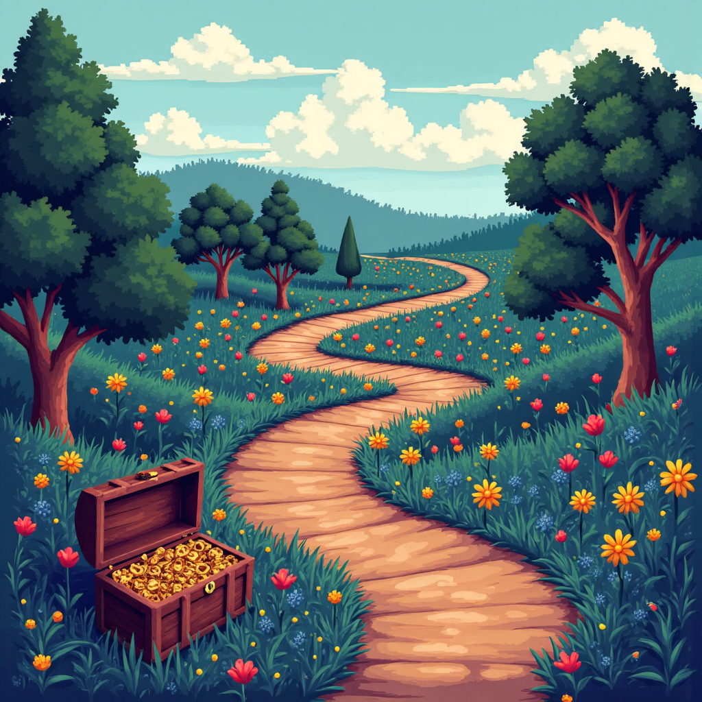 使用者搜尋意圖旅程插圖，彎曲路徑通往洞見寶箱