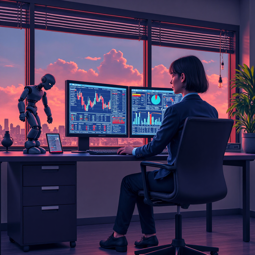 未來感交易桌與 AI 機器人協助台灣交易者的數位藝術插圖,強調 Autochartist 在現代辦公室的應用