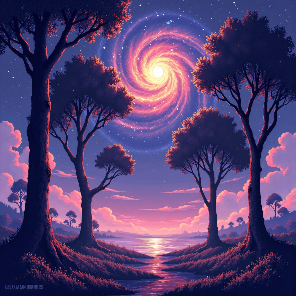 a fantastical illustration of branching fractal trees reaching towards a swirling nebula sky bathed in soft cosmic light