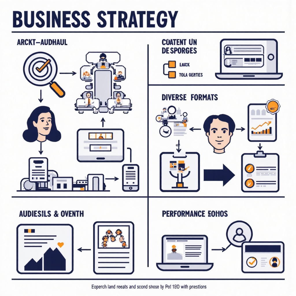 內容行銷策略藍圖插圖，包含目標受眾分析、內容創作、多樣格式與績效指標的現代風格圖示