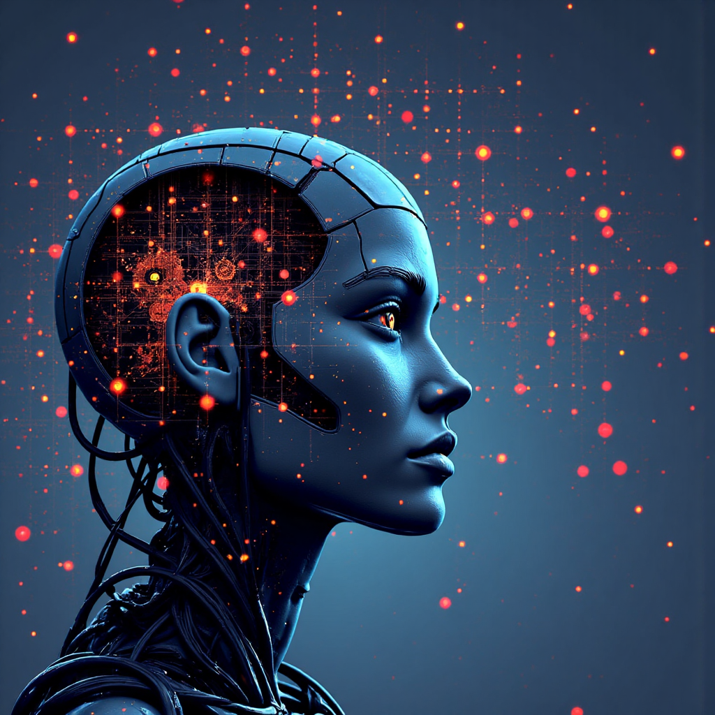 an illustration of a robot's head with gears representing algorithms looking closely at interconnected nodes creating a knowledge web with soft ambient light