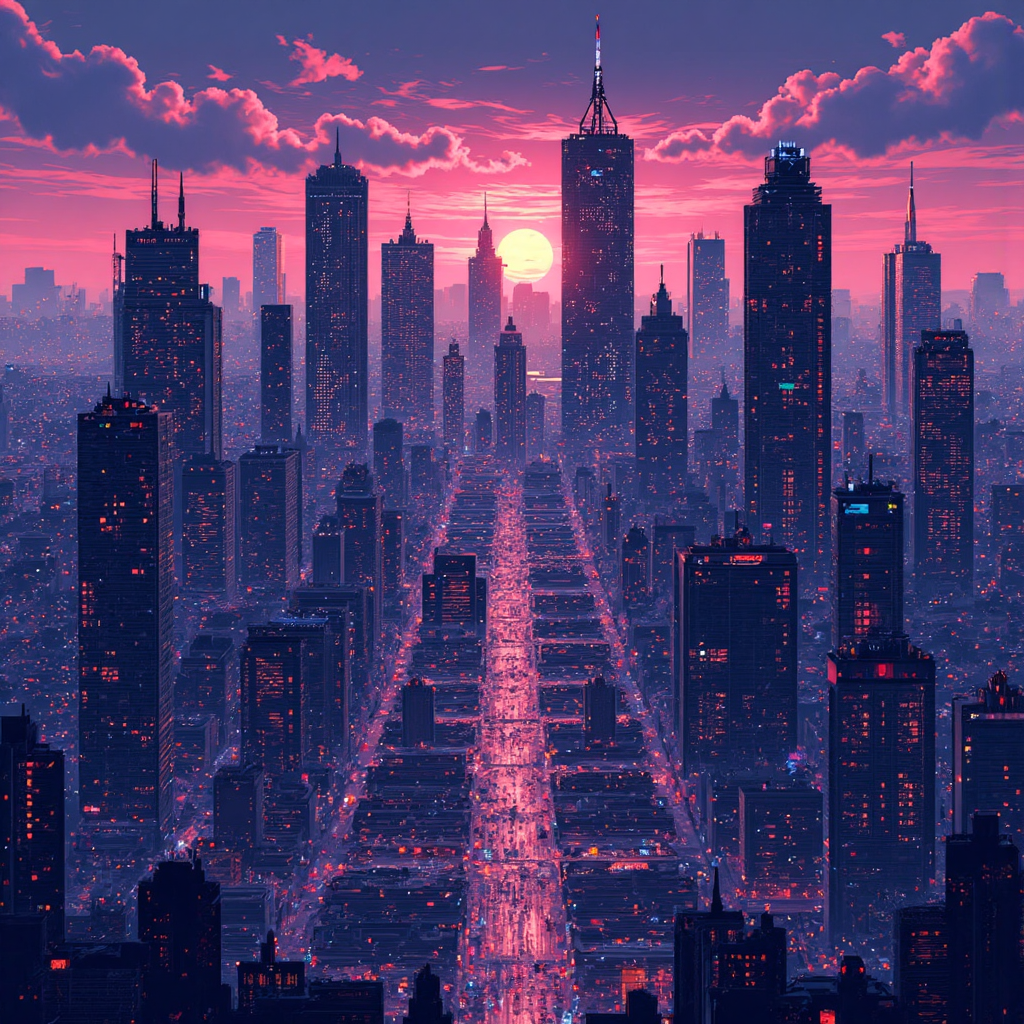 Illustration of a futuristic cityscape with glowing AI neural networks connecting businesses and financial charts in a vibrant color palette