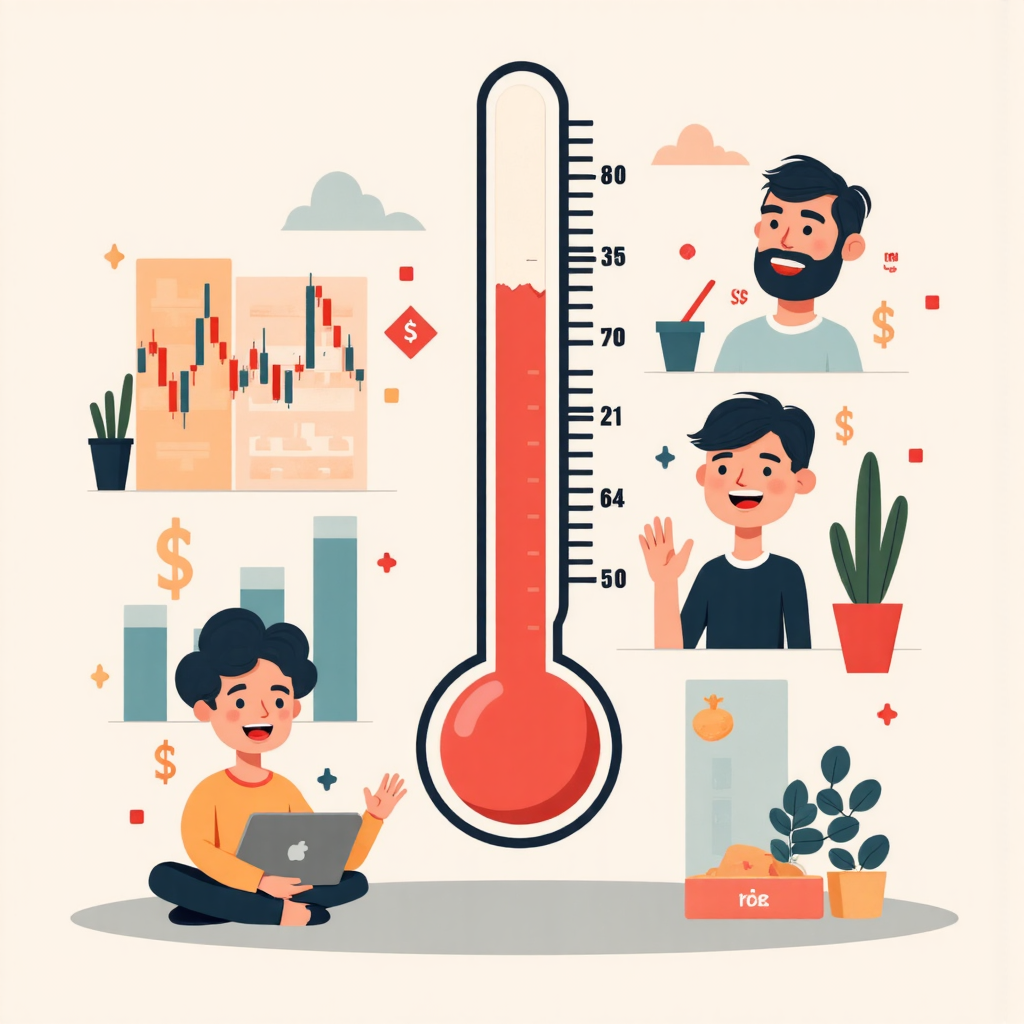 市場情緒溫度計示意圖，顯示上漲下跌的股票圖表與投資者表情
