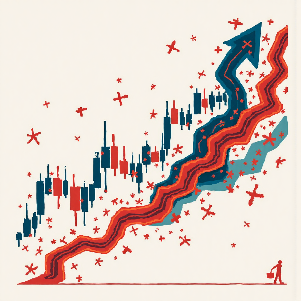 a visual representation of human emotions like greed and fear influencing stock price movements depicted as swirling abstract forms around a simplified market graph