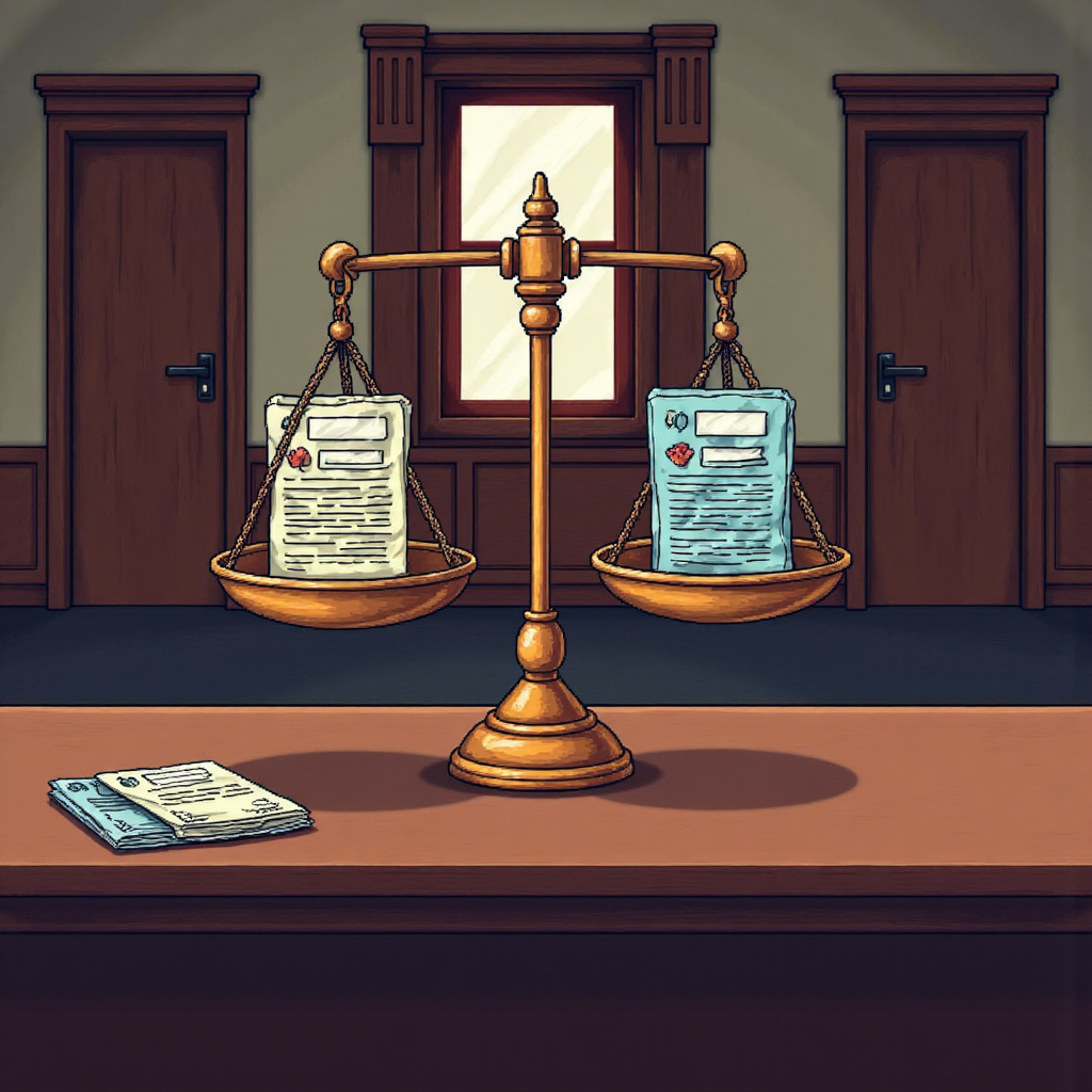 A courtroom scene with scales of justice balancing financial documents representing fairness and transparency in stock trading during blackout periods