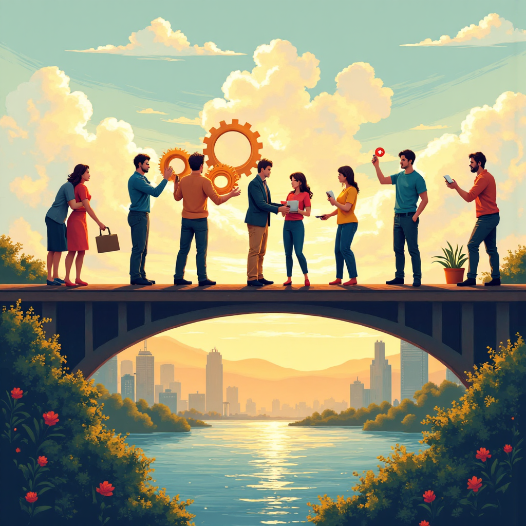團隊合作建構齒輪橋樑的插圖,象徵目標與關鍵成果的連結