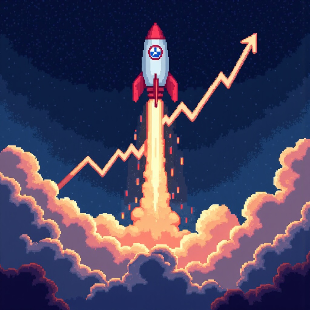 A dynamic illustration of a rocket launching into a starry night sky with a trail of light forming the shape of a stock market graph representing exponential growth and future potential