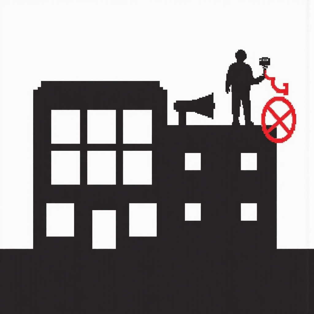 A silhouette of a company building with a megaphone that is muted and covered by a red cross sign illustrating the prohibition of external announcements during silence periods