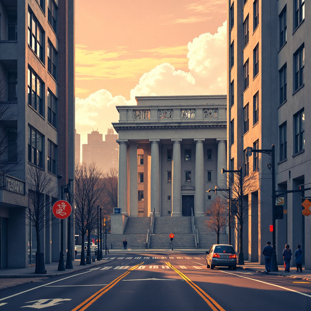 A whimsical illustration depicting the Bank of Japan's central bank building with subtle lines of the yield curve gently bending and then straightening under a warm dawn light evoking a sense of transition and stability