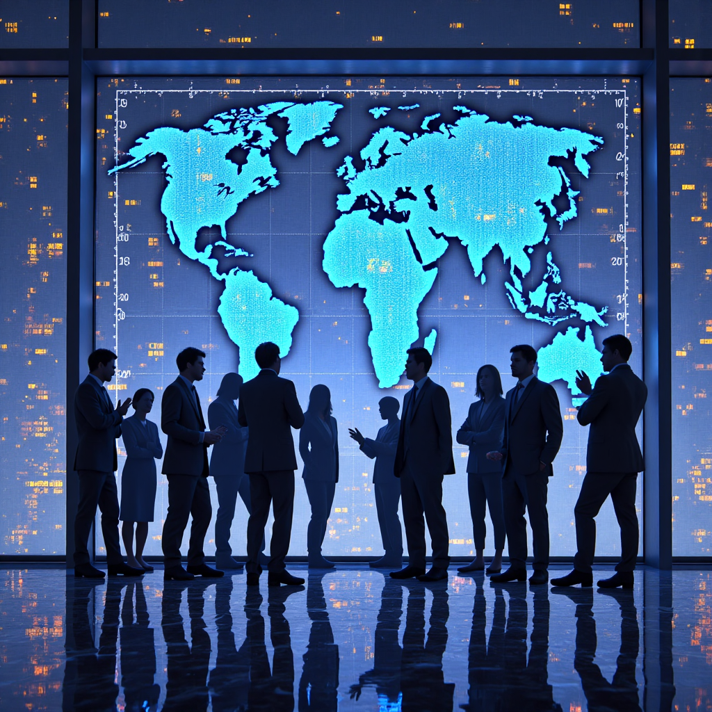 a diverse group of global investors collaborating around a large holographic display of the nasdaq stock market symbolizing participation and future trends