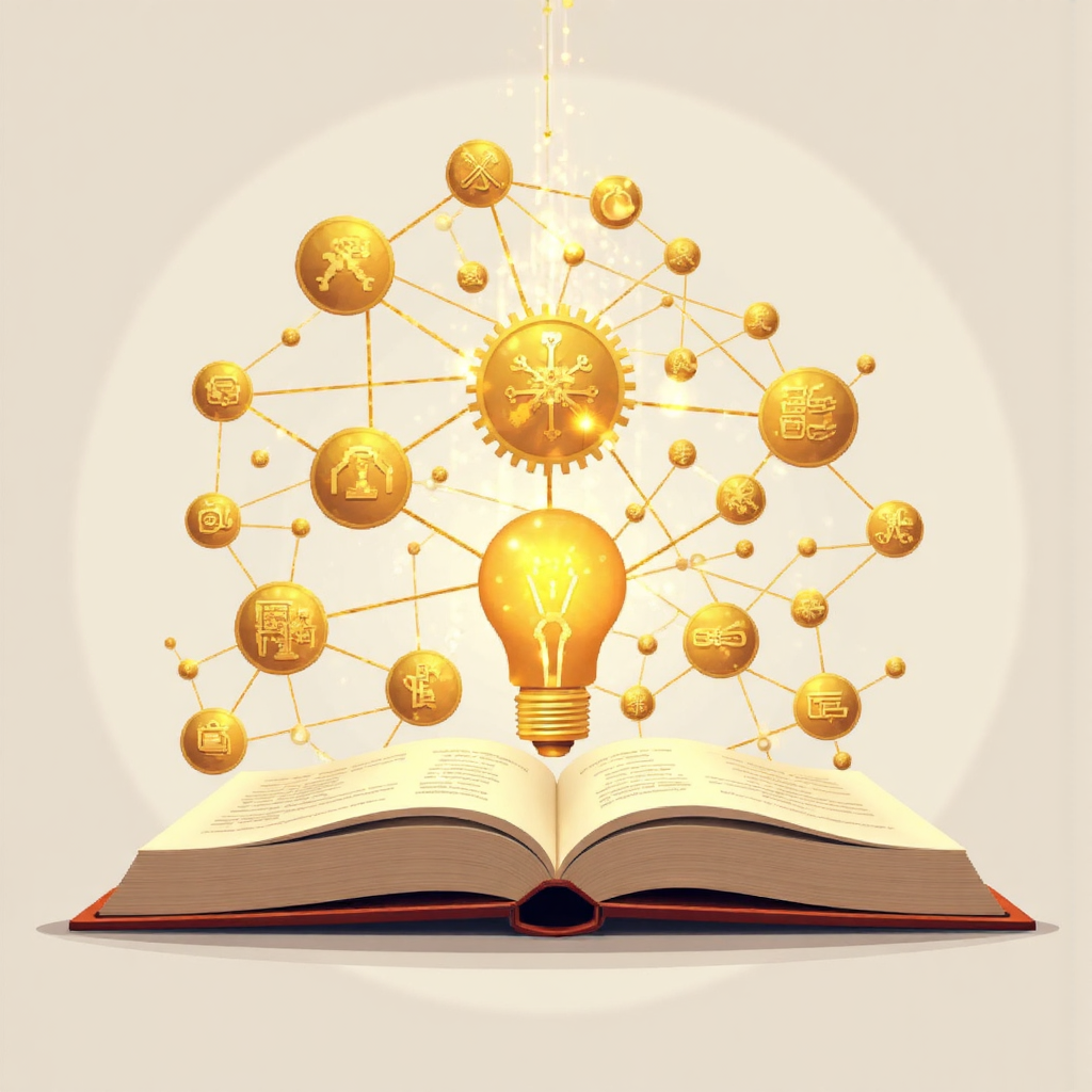An illustration of a digital book with glowing golden symbols representing concepts and ideas emanating from its pages, with subtle network lines connecting them, set against a soft gradient background